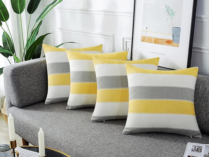 AmHoo Pack of 2 Farmhouse Stripe Check Throw Pillow Covers Set Case Cotton Linen Decorative Pillowcases Cushion Cover for Couch Bench Sofa 24x24Inch Yellow Beige