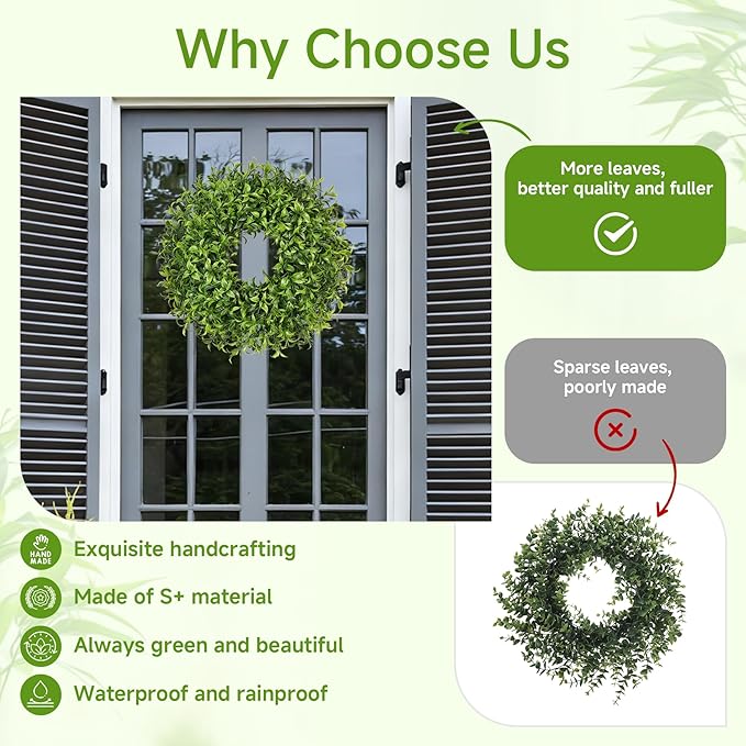 Vlorart 20 Inch Boxwood Wreath, Handmade Green Wreath for Front Door, Full & Lush Boxwood Wreaths for Front Door Year Round, Waterproof Spring Summer Greenery Wreaths for Outdoor Indoor Decor