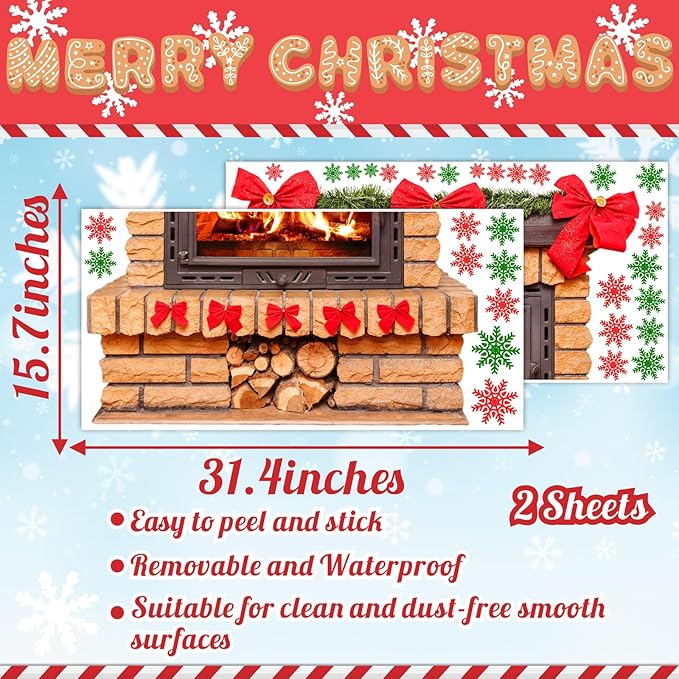 Large Christmas Wall Stickers Christmas Wall Decoration Vinyl Decals Realistic Bow Fireplace Decal for Walls Peel and Stick Indoor Snowflakes Xmas Art Murals for Living Room Holiday Party Supplies