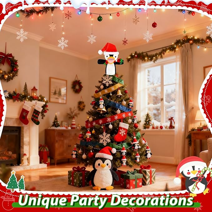 Penguin Christmas Tree Topper with Red Scarf, 10In Velvet Stuffed Animal Tree Topper, Black and White Tree Topper for Home Indoor/Outdoor Winter Holiday Birthday Party Favor Gift Christmas Tree Decor