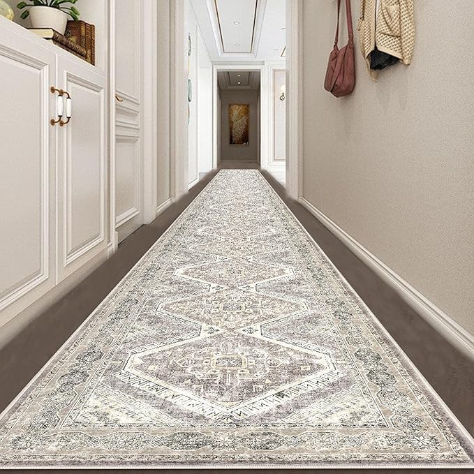 KUTA Extra Long Runner Rug for Hallway 2.6x18ft, Oriental Washable Kitchen Rugs, Ivory Grey Yellow Brown Non-Slip Stair Runners Indoor Soft Printed Vintage Carpet for Bedroom Living Room Nursery
