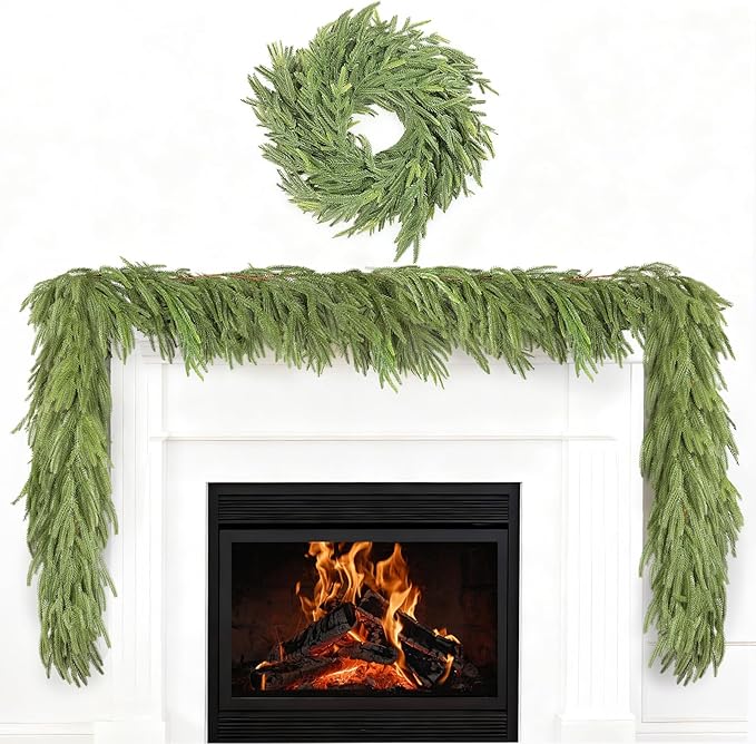 9 FT Christmas Artificial Norfolk Pine Garland with 18" Wreath, Real Touch Xmas Faux Greenery for Holiday Table Mantle Wall Fireplace Windows Home Front Door Indoor Decor