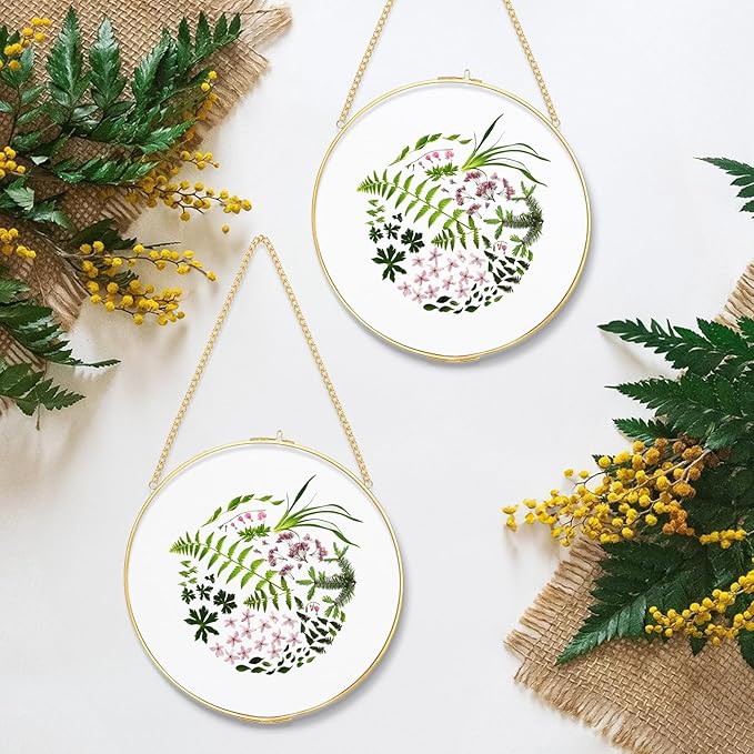 FOCHIER F 2pcs Pressed Flower Frames with Tweezers, Wall Hanging Tabletop Display Double Glass Round Frames with Metal Chain for Pressed Dried Flowers Plants Horizontal and Vertical Picture Frame
