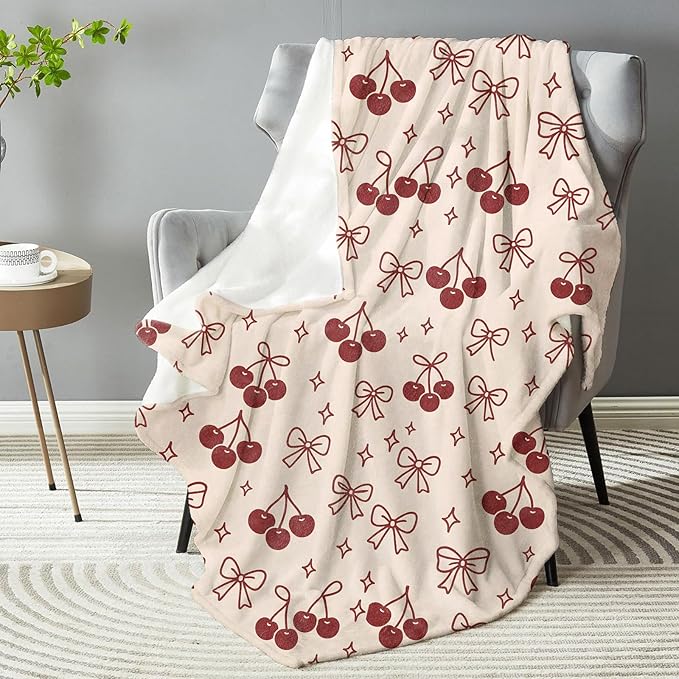 Cherry & Bow Blanket - Plush, Soft, Comfy, Lightweight, Warm, Fuzzy, Cozy Flannel Throw Blanket for Couch, Travel, Bed, Office, Outdoor - 50in×60in