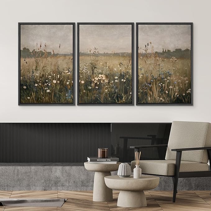 SIGNWIN Framed Canvas Print Wall Art Set Wildflower Meadow Rustic Floral Field Landscape Illustrations Modern Art Decorative Rustic Calm/Zen for Living Room, Bedroom, Office - 24"x36"x3 Black