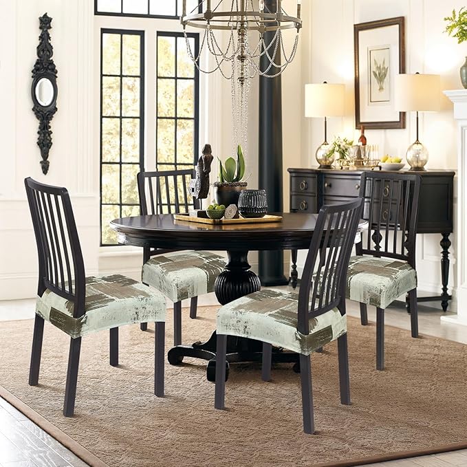 SearchI Stretch Dining Chair Seat Covers Set of 4, Soft Removable Washable Seat Covers for Dining Chairs, Dining Room Seat Cover Protector (Rear-Covered, Stripe Coffee)
