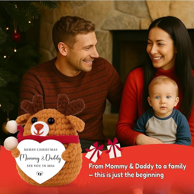 Babys First Christmas Ornament 2025 – Pregnancy Gifts for Parents Husband Wife, New Mom Gifts and New Dad Gift, Baby First Idea, Cute Crochet Reindeer Decor Holiday Keepsake
