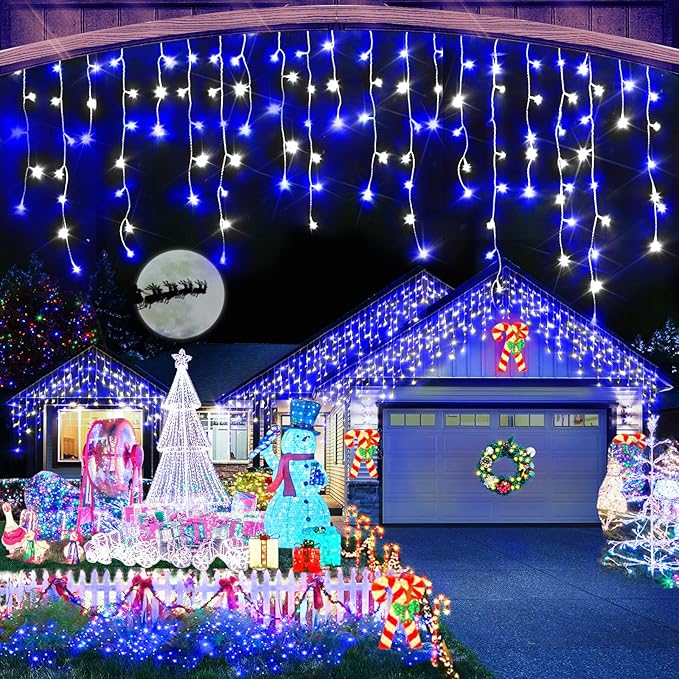 Heceltt Christmas Lights Outdoor, 49FT 480 LED Ice Lights for Outside, 90 Drops Ice String Lights with 8 Modes, Waterproof Timer & Memory for Yard, Garden, Eaves, Patio, Party (Blue and Cool White)