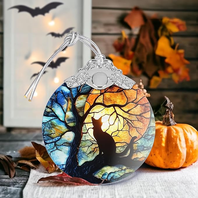 Christmas Ornament, Stained Glass Ornament, Christmas Decorations for Tree, Holiday Ornament, Unique Gift Idea - Cat Under Moonlight