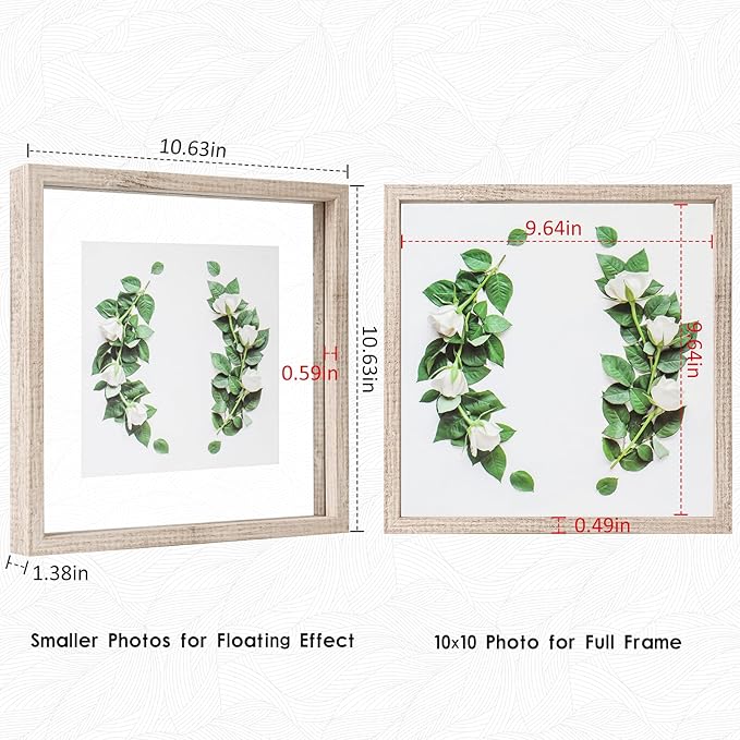 MUYE 10x10 Floating Frame Distressed Beige White Wood Pattern,Double Glass Square Picture Frame Display Any Size Photo up to 10x10,Wall Mount or Tabletop,2 Pack