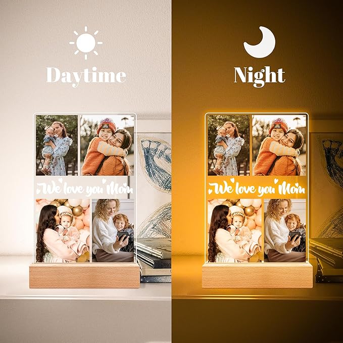 Personalized Picture Frame with Night Light, Custom Photo Frame with Photos, Customized Gifts for Mom Girls Boys, Personalized Christmas Birthday Gifts for Mom, Kids, Baby, Family