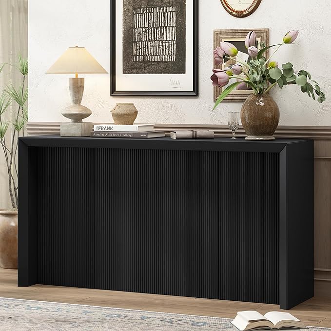 Minimalist 60'' Long Console Table Sofa Table, Unique Versatile Acacia Wood Accent Entryway Table for Hallway Living Room Study Foyer Corridor, Wave Finish Design (Black-N6)
