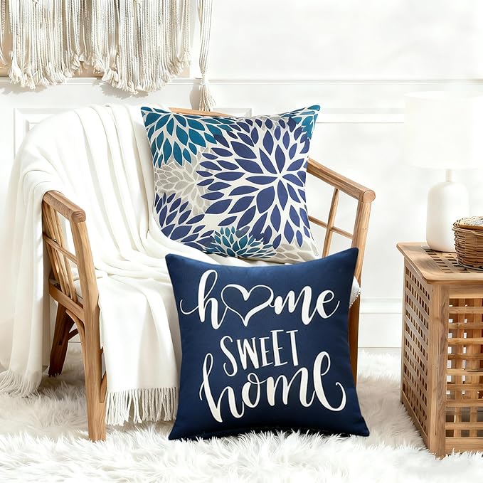 Decorative Throw Pillow Covers Set of 4 Blue Pillow Covers 20x20 inch Throw Pillow Cases Linen Square Pillow Case,Farmhouse Outdoor Modern Boho Pillow Covers for Couch Sofa Living Room