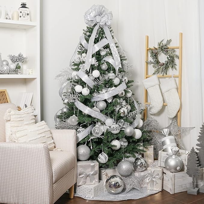 XmasExp Large Christmas Ball Ornaments,2pcs Silver Giant Shatterproof Plastic Hanging Mercury Xmas Ball Decorations Christmas Tree Ornaments (Silver, 6")