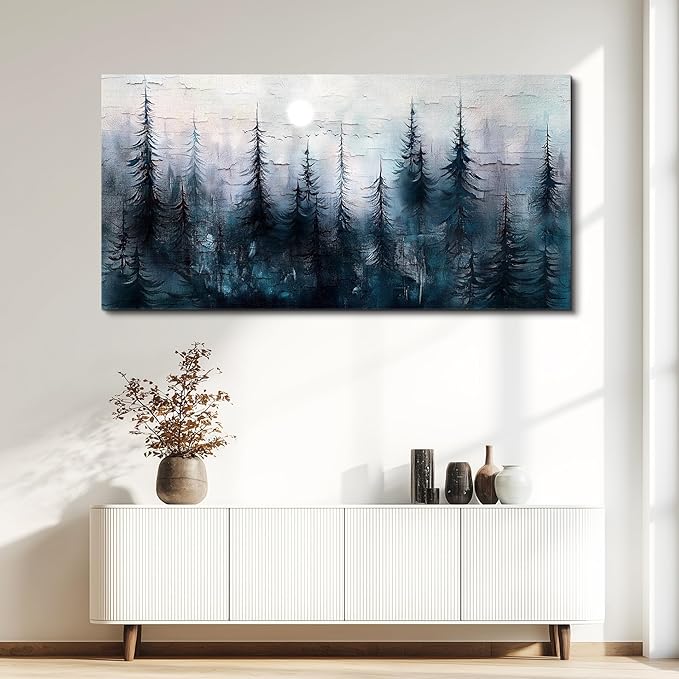 Canvas Wall Art for Living Room Framed Wall Decor for Bedroom Office Modern Wall Decoration Foggy Forest Landscape Paintings Black and White Picture Artwork Aesthetic Home Decor 20"X40"