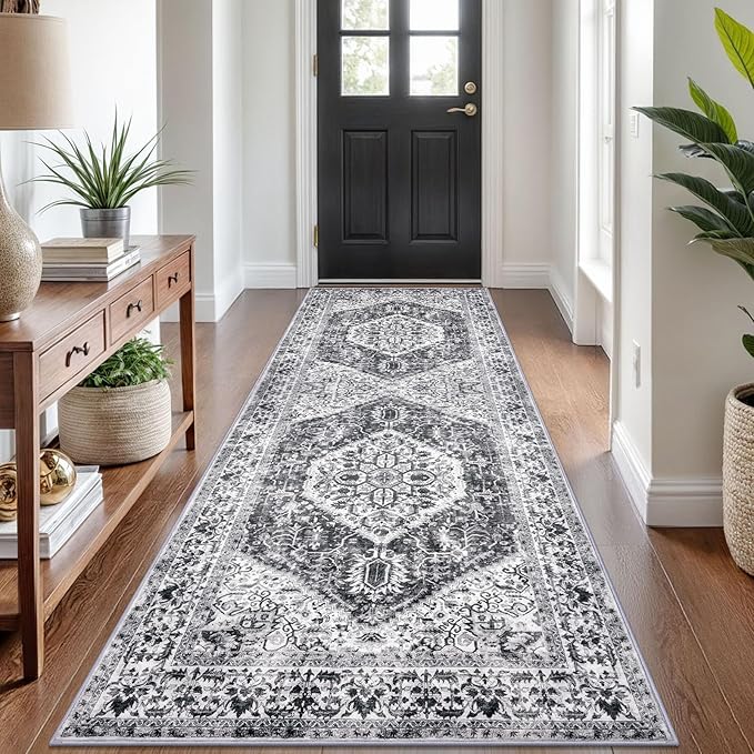 KOZYFLY Runners for Hallways 3x8 Ft Washable Kitchen Runner Rug Boho Runner Rug for Entryway Indoor Printed Faux Wool Floor Carpet for Bedroom Kitchen Hall, Grey