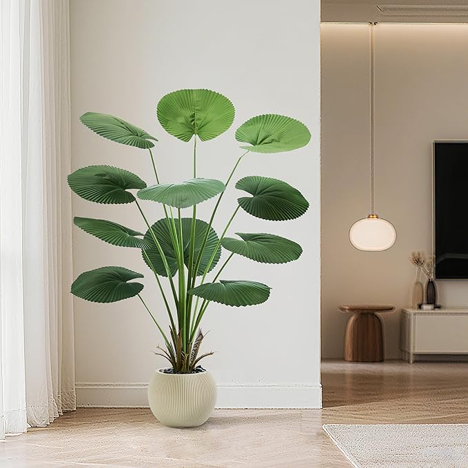 Artificial Palm Tree Faux Fan Palm Tree, 5FT Tall Tropical Areca Floor Plant in Pot Indoor and Outdoor Round Leaves Fake Plant for Home Bathroom Porch Outside Patio Decor