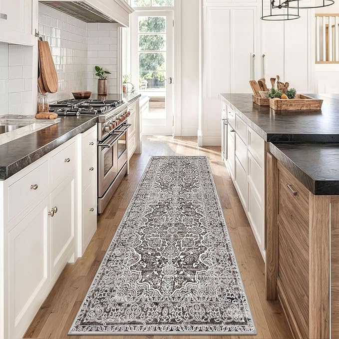 KUTA Vintage Washable Runner Rug, 2.6x8 Runners for Hallways Non-Slip Tan Grey Kitchen Rugs Ultra Soft Printed Tribal Floor Carpet for Bedroom Living Room Nursery Playroom