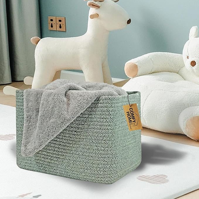 COMFY-HOMI Square Woven Cotton Rope Basket for Organizing, Gift Baskets for Handles, Empty Gift Baskets, Toy Basket for bins|13.5" x 11" x 9.5" home decor for Living Room, Bathroom