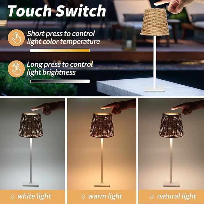 Mr. White Outdoor Waterproof Cordless Wireless Rechargeable Portable Top Touch Battery Operated Powered LED Table Lamp Desk Lamp Lights for Restaurant Kitchen Patio Dinner Dining (White)