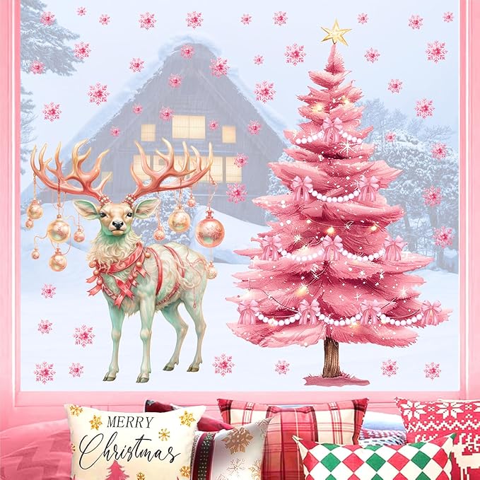 Pink Christmas Window Clings Large Christmas Pine Tree Decoration Decals for Glass Double-Sided Snowflake Elk Stickers Removable Xmas Reindeer Static Decal for Winter Holiday Party Home Indoor Decor
