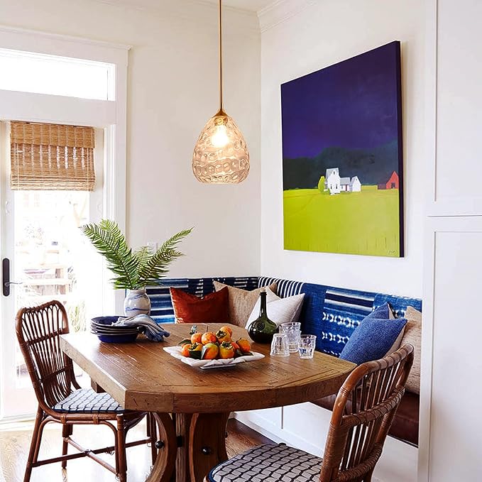 Transparent Clear Hammered Glass Pendant Light with Brass Gold Accent, Adjustable Hanging Lamp for Kitchen, Dining Room, and Living Room