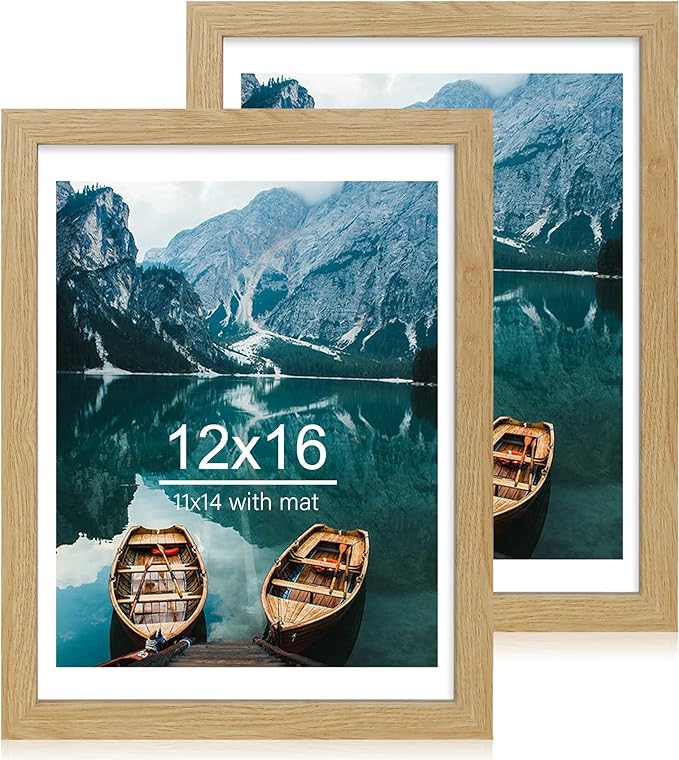12x16 Picture Frame Set of 2, Natural Oak Wood Style - Display 12 x 16 Poster without Mat or 11x14 Picture with Mat, Wall Mounting Horizontal and Vertical