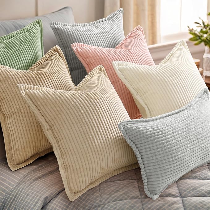 decorUhome Christmas Corduroy Cream White Throw Pillow Covers 12x20 Set of 2 Decorative Soft Boho Farmhouse Lumbar Euro Couch Pillow Covers for Living Room Bed Sofa Broadside Striped Pillow Cases
