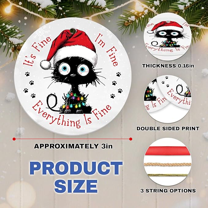 Everything is Fine Cat Ornament – Black Cat Ceramic Hanging Decor 2025, Funny Christmas Ornaments, Coworker Office Keepsake Gift