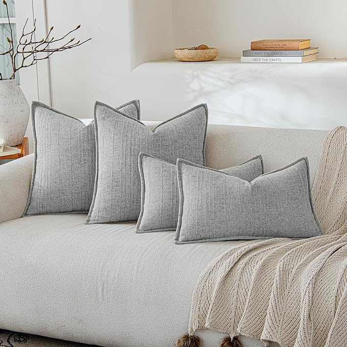 a moment Linen Pillow Covers Set of 2,Boho Farmhouse Throw Pillowcases Neutral Textured Decorative Covers for Couch Sofa,Soft Linen Blend Accent Case Cushion Living Room Home Decor 24"x24"Sky Gray