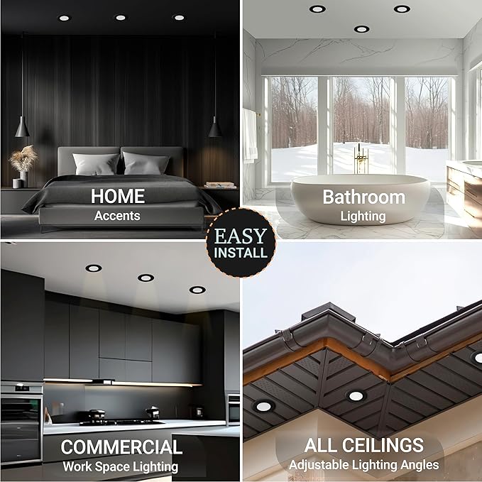 NUWATT 12 Pack, 6 inch Black Gimbal LED Recessed Lighting Canless Wafer Lights, 5CCT 2700K/3000K/3500K/4000K/5000K Selectable, Dimmable 1050LM, 12W, Directional Recessed Light for Sloped Ceilings, ETL