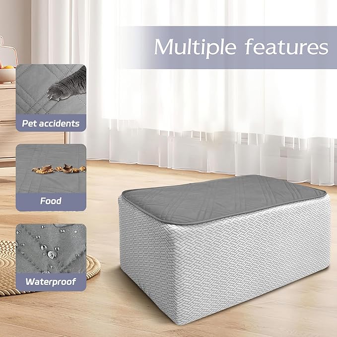 MEHIDFY Ottoman Cover, Waterproof Square Stool Slipcover, Quilted Stretch Furniture Protector, 28-32 Inches, Machine Washable (Grey, Medium)