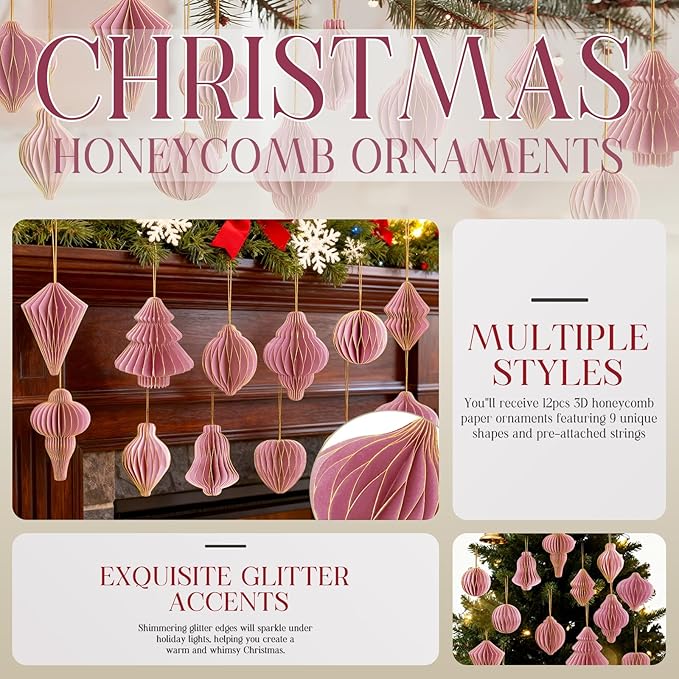 12Pcs Pink Paper Christmas Party Decorations, 3D Honeycomb Paper Hanging Ornaments with Glitter, Finial Honeycomb Lantern Lovely Ornaments for Christmas Trees Winter Wonderland Party