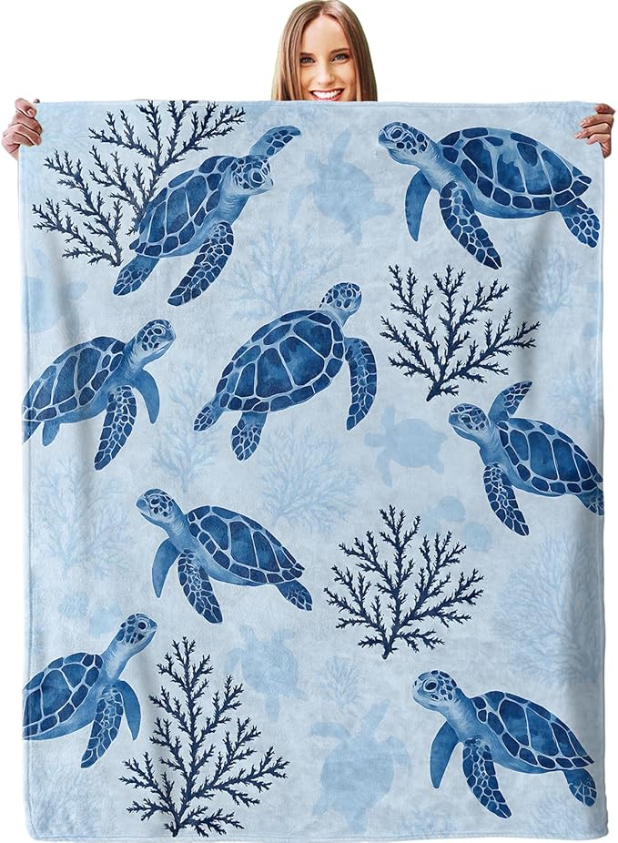 Blue Sea Turtle & Coral Blanket - Plush, Soft, Comfy, Lightweight, Warm, Fuzzy, Cozy Flannel Throw Blanket for Couch, Travel, Bed, Office, Outdoor - 60in×80in