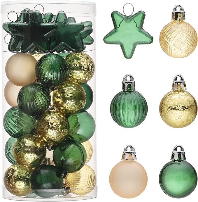 DecorbyHannah Mini Christmas Tree Ornaments, 35ct 1.18inches Green Gold Christmas Ball Ornaments for Tree Decorations, Small Clear Shatterproof Plastic Hanging Balls Bulk for Xmas, Party, Wedding