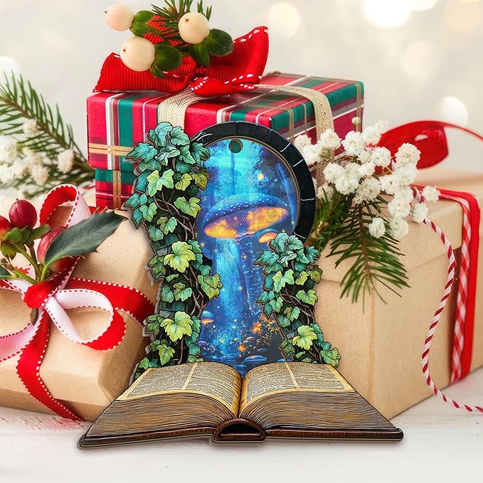 GEEMBI Book Lovers Gifts for Women - 2D Flat (Not 3D) Suncatcher Mushroom Christmas Ornaments 2025 - Bookish Gift for Readers Librarian, Christmas Ornament Gifts for Teacher, Fantasy Xmas Decorations