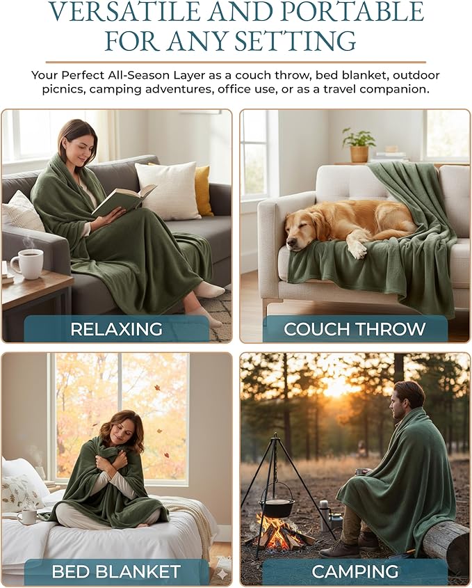 Casa Platino Queen Blanket – Soft Fleece Throw 90x90 for Bed or Couch – Lightweight, Cozy and Breathable Flannel for Everyday Use – Olive Green