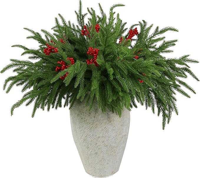 12 Pcs Artificial Norfolk Pine Branches with 8PCS red Fruits 18" Plastic Christmas Plants Decor Faux Greenery Stems Pine Picks Outdoor Faux Plants for Xmas Indoor, Front Porch Home Decor