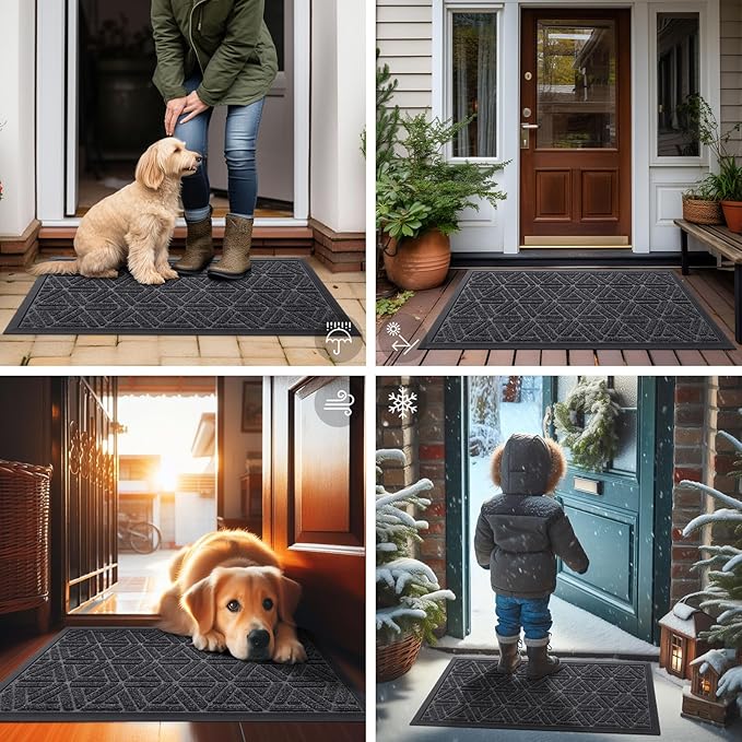 Smiry Front Door Mat Outside Entrance, Heavy Duty Sturdy Natural Rubber Doormat, Trap Dirt and Moisture, Easy Clean Low Profile Mats for Indoor Outdoor Entry, Grid Geometric (35x23, Grey)