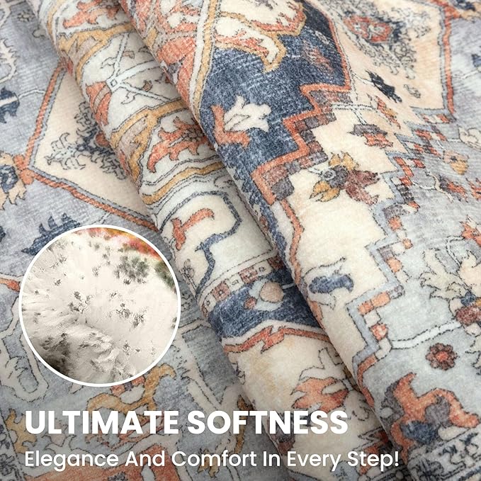 2x7 Washable Runner Rug for Hallways, Ivory Blue Soft Classic Kitchen Rugs with Non-Slip, Non-Shedding Boho Rug for Hallways Entryway Bedroom Bathroom Laundry Indoor