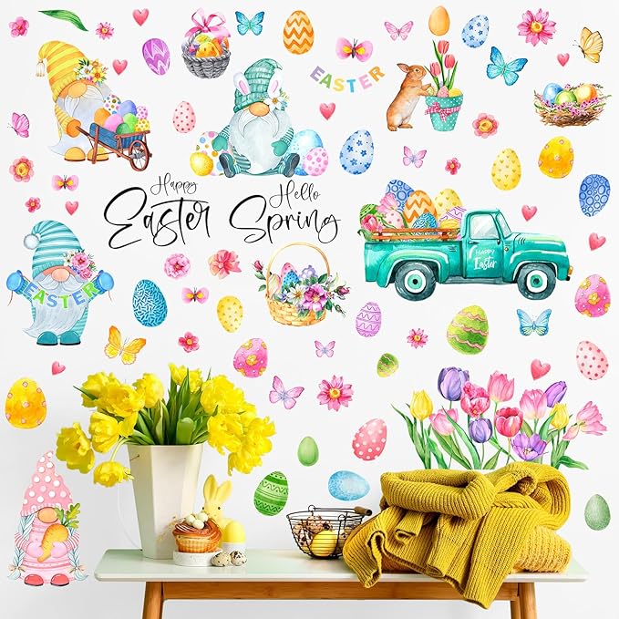 Eersida 74 Piece Easter Wall Clings Flower Gnome Wall Decals for Room Decor Easter Eggs Bunny Flower Stickers Rabbit Window Wall Door Art Decoration Stickers Party Favors Decorative Ornaments