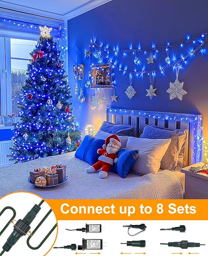 40FT 120 LED Christmas Lights Outdoor, Blue Christmas String Lights with 8 Modes & Waterproof, Connectable Plug in Christmas Tree Lights for Indoor Bedroom Home Holiday Decorations