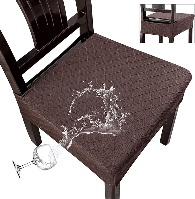 Genina Waterproof Seat Covers for Chairs,Set of 6 Dining Room Chair Seat Covers for Kitchen,Stretch Jacquard Removable Washable Dining Chair Slipcovers Protectors,No Rear Covers, Chocolate