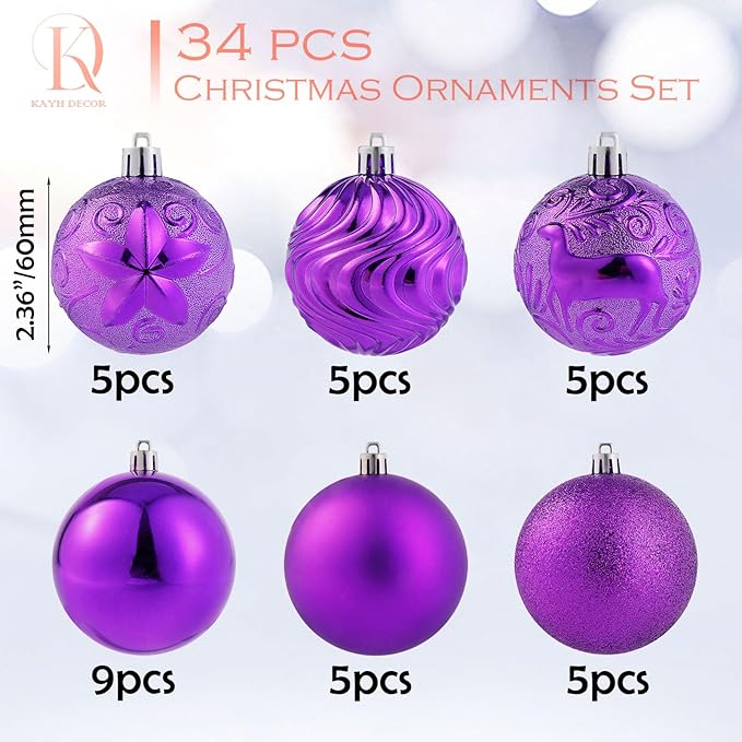 34ct Purple Christmas Ball Ornaments Shatterproof Plastic Christmas Tree Decorations for Xmas Party Home Office Holiday Decor -Medium Size (2.36"/ 60mm)
