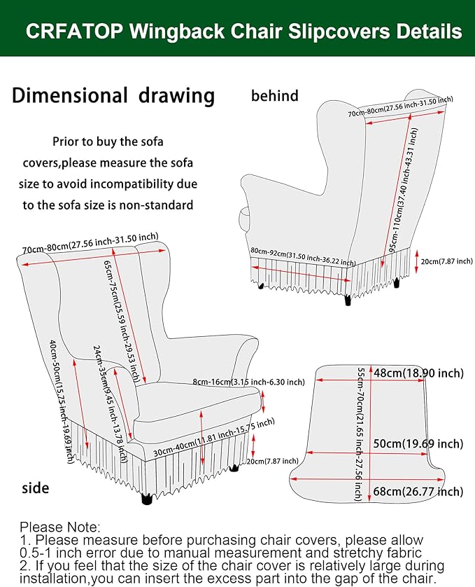 CRFATOP 2 Piece Stretch Wingback Chair Cover with Skirt Printed Wing Chair Slipcovers Spandex Fabric Wingback Armchair Covers with Cushion Slipcover for Living Room Bedroom Wingback Chair,C05