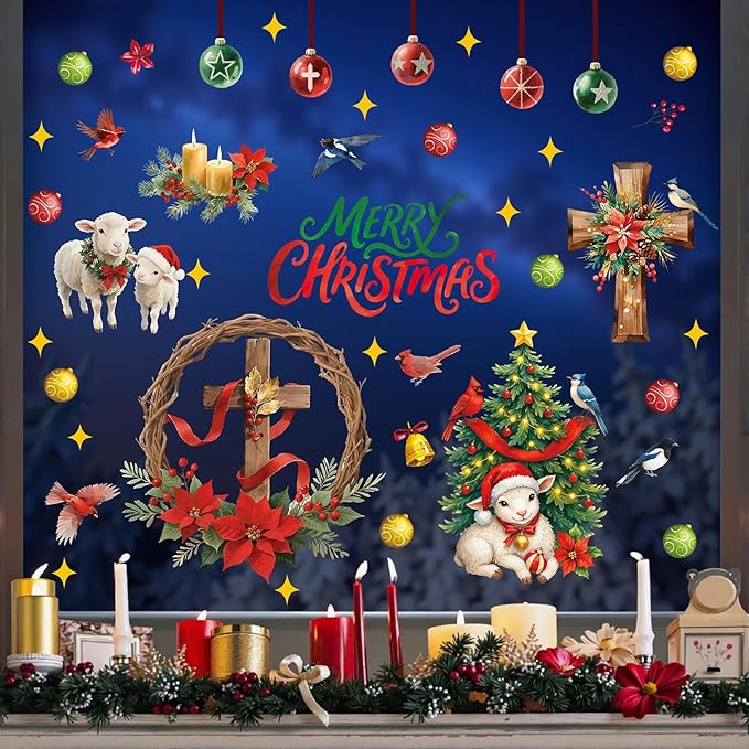 Merry Christmas Window Clings,Christian Christmas Window Stickers Sheep,Christian Jesus Wall Decals,Xmas Religious Cross Wall Stickers for Party Home Living Room Bedroom