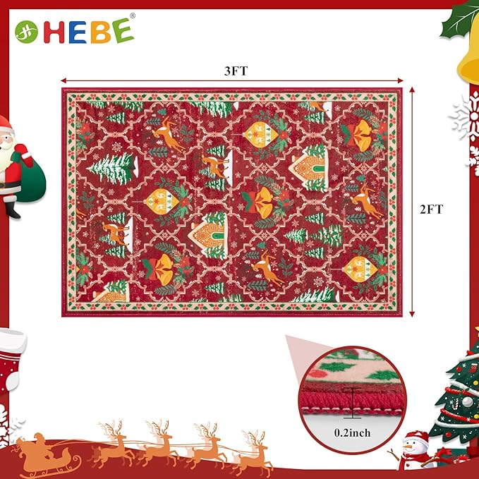 HEBE Christmas Area Rug 2'x3', Non Slip Farmhouse Red Rugs for Living Room, Washable Soft Area Rugs for Bedroom Christmas Low Pile Indoor Floor Carpet for Dining Room Xmas Holiday Decor