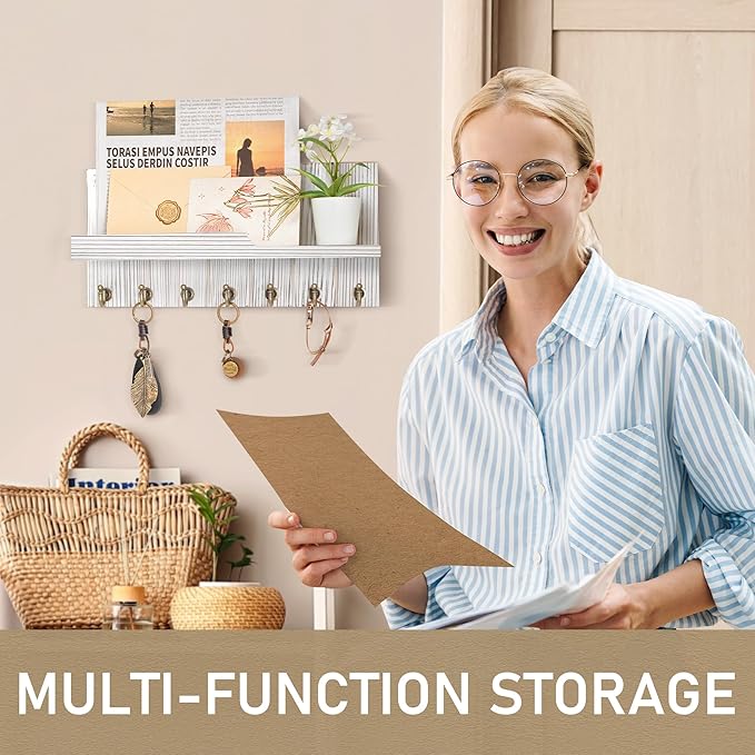Rebee Vision Farmhouse Key and Mail Holder for Wall - Decorative Mail Organizer Wall Mount with 7 Hooks and Mounting Hardware - Elegant Key Hanger for Entryway and Home Wall Decor (Whitewash,15-inch)