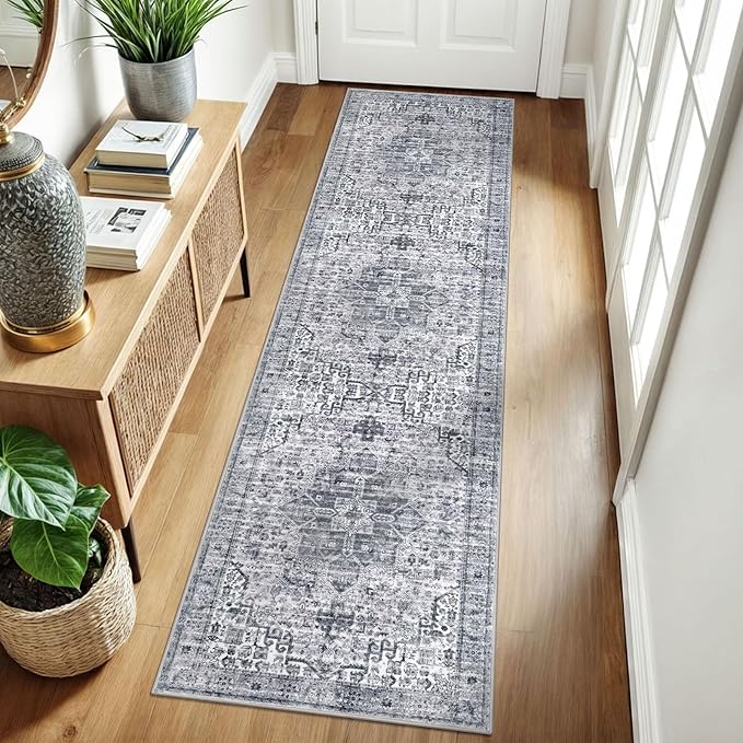 2x8 Washable Runner Rug for Hallways, Grey Blue White Soft Neutral Vintage Printed Runners with Non-Slip, Non-Shedding Boho Rugs for Bedroom Kitchen Porch Laundry Indoor