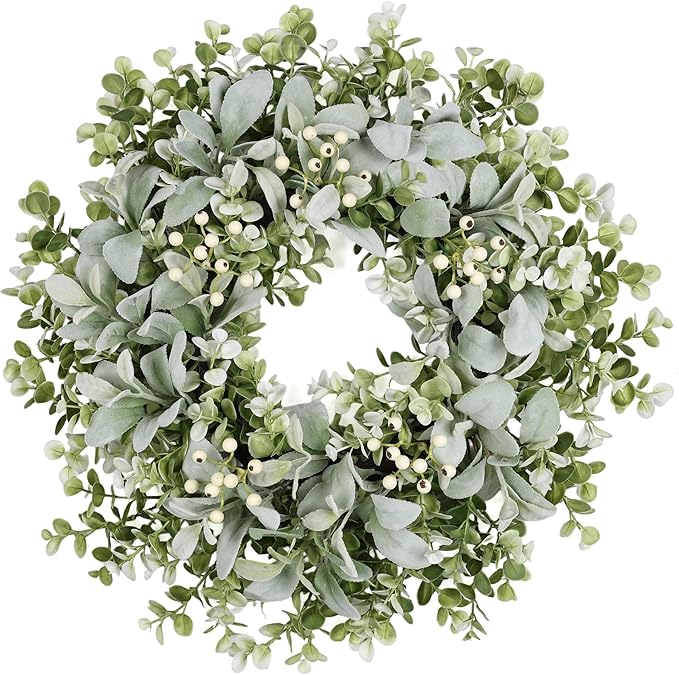 26 Inch Large Lambs Ear Wreaths for Front Door Spring Summer Lambs Leaves with White Berries, Artificial Greenery for Farmhouse Porch Wall Living Room Home Widding Decor for All Seasons Wreaths